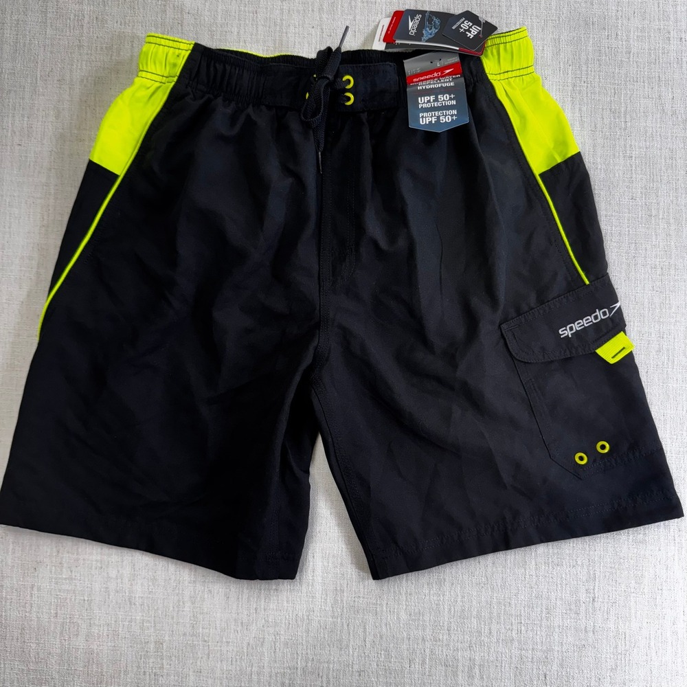 Speedo Marina Volley Swim Trunks Mens Large Black Neon Yellow 9 Inseam NWT